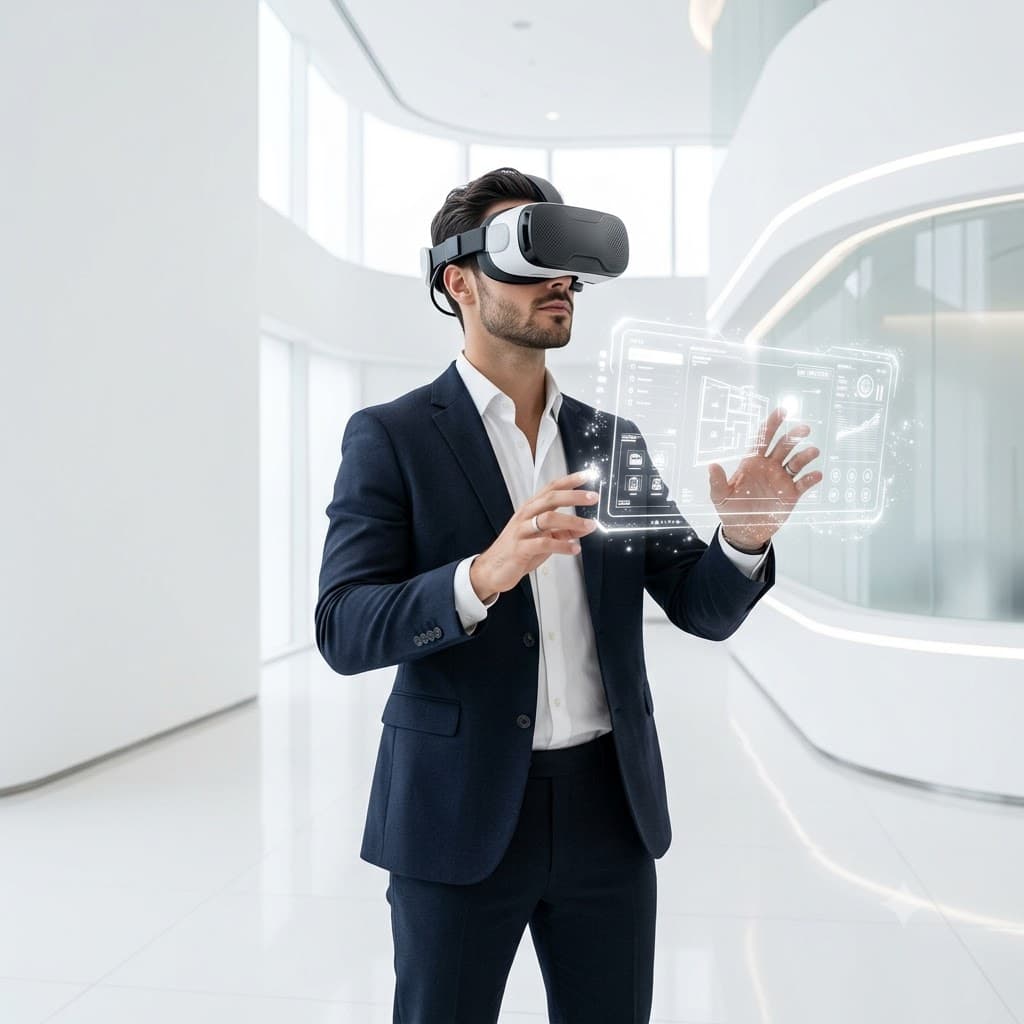 Professionals using VR headsets in an immersive corporate training environment