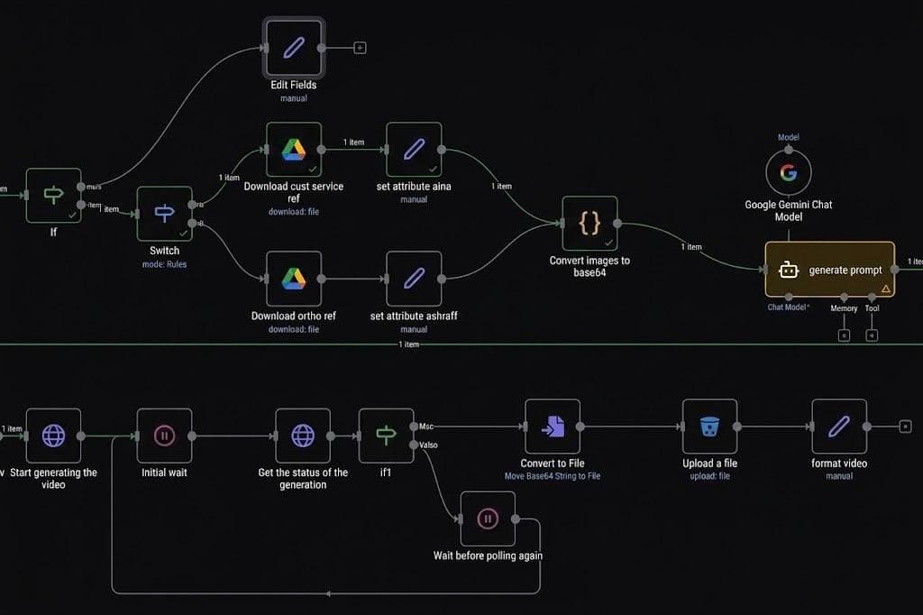 Abstract visualization of an AI marketing and video generation pipeline